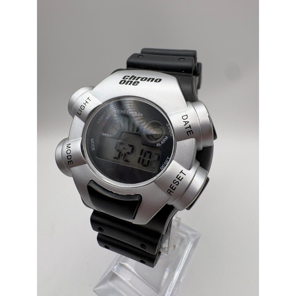 Vintage Chrono One Digital Sport Watch Silver Black Resin Glowing Blue Lightu